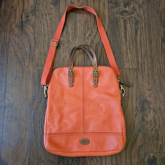 Fossil Handbags - Fossil Explorer Orange Leather Foldover Crossbody Tote Shoulder Bag
